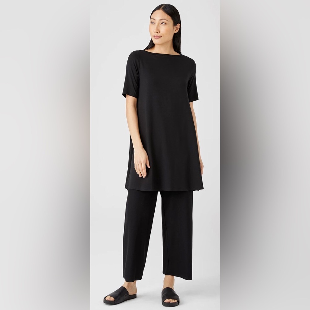 Eileen Fisher Tunic Fine Jersey Black Short Sleeve Stretch S Classic Business